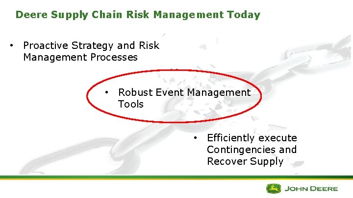 Deere Supply Chain Risk Management Today • Proactive Strategy and Risk Management Processes • Deere Supply Chain Risk Management Today • Proactive Strategy and Risk Management Processes •