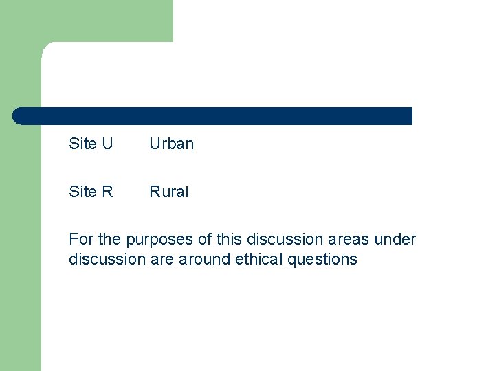 Site U Urban Site R Rural For the purposes of this discussion areas under