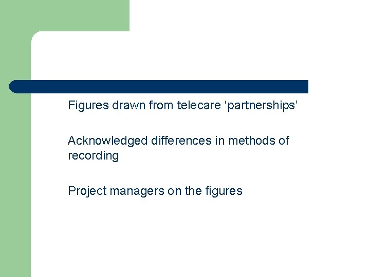 Figures drawn from telecare ‘partnerships’ Acknowledged differences in methods of recording Project managers on