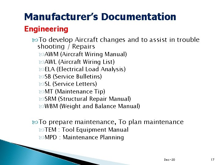 Manufacturer’s Documentation Engineering To develop Aircraft changes and to assist in trouble shooting /