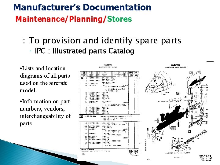 Manufacturer’s Documentation Maintenance/Planning/Stores : To provision and identify spare parts ◦ IPC : Illustrated