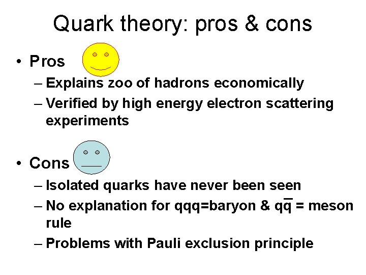 Quark theory: pros & cons • Pros – Explains zoo of hadrons economically – Quark theory: pros & cons • Pros – Explains zoo of hadrons economically –
