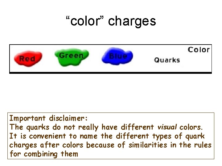 “color” charges Important disclaimer: The quarks do not really have different visual colors. It “color” charges Important disclaimer: The quarks do not really have different visual colors. It