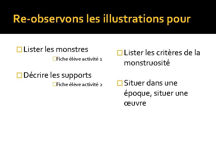 Re-observons les illustrations pour � Lister les monstres �Fiche élève activité 1 � Décrire