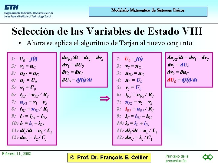 Modelado Matemático de Sistemas Físicos Selección de las Variables de Estado VIII • Ahora