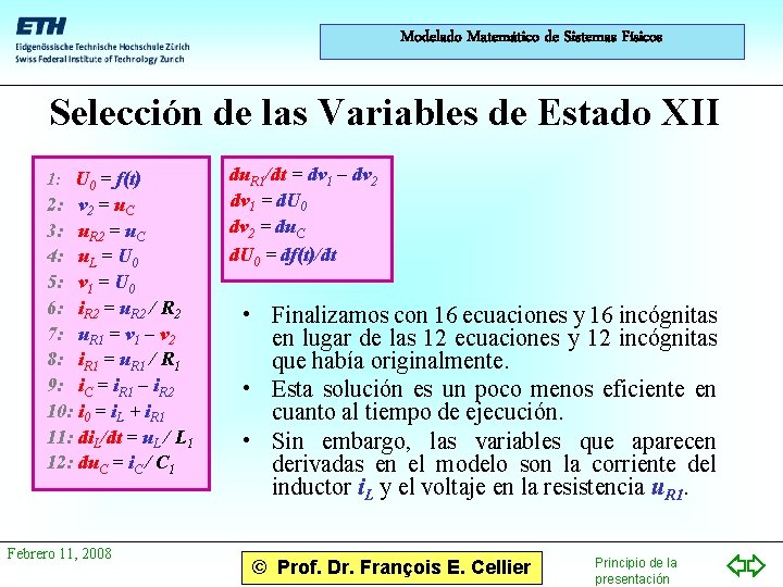 Modelado Matemático de Sistemas Físicos Selección de las Variables de Estado XII 1: U