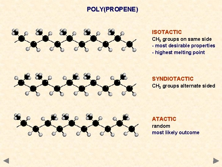 POLY(PROPENE) ISOTACTIC CH 3 groups on same side - most desirable properties - highest