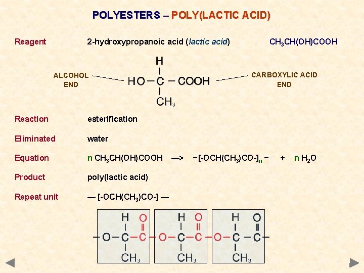 POLYESTERS – POLY(LACTIC ACID) Reagent 2 -hydroxypropanoic acid (lactic acid) CARBOXYLIC ACID END ALCOHOL