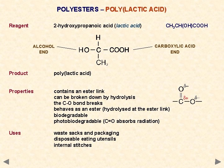 POLYESTERS – POLY(LACTIC ACID) Reagent 2 -hydroxypropanoic acid (lactic acid) ALCOHOL END CH 3