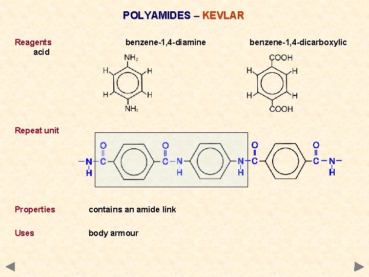 POLYAMIDES – KEVLAR Reagents acid benzene-1, 4 -diamine Repeat unit Properties contains an amide