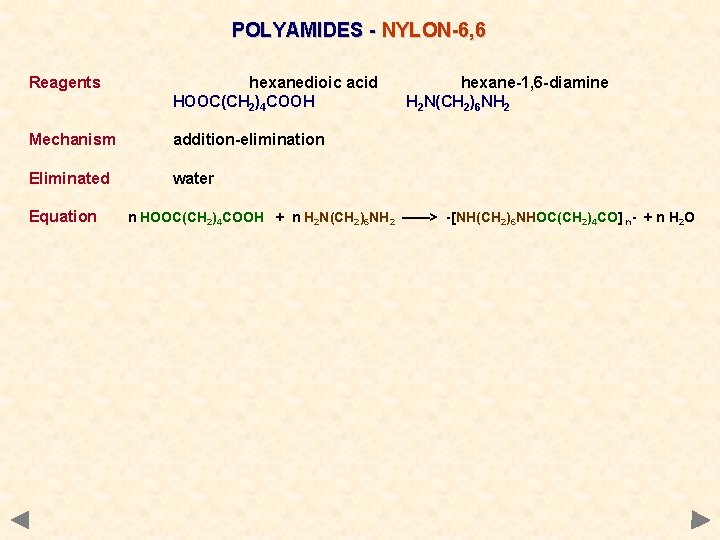 POLYAMIDES - NYLON-6, 6 Reagents hexanedioic acid HOOC(CH 2)4 COOH Mechanism addition-elimination Eliminated water