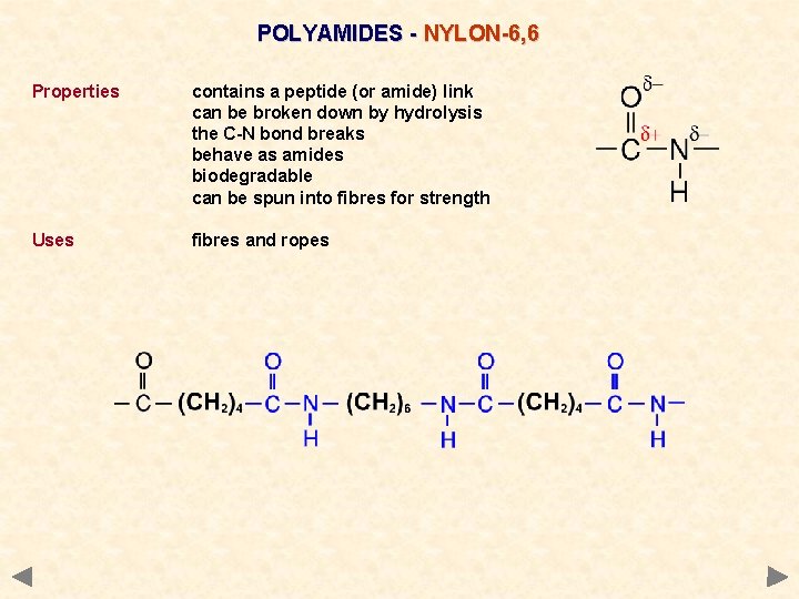 POLYAMIDES - NYLON-6, 6 Properties contains a peptide (or amide) link can be broken