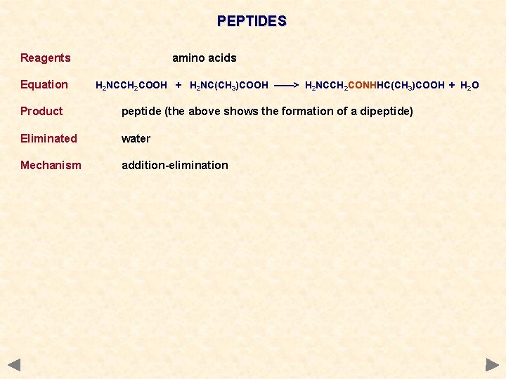 PEPTIDES Reagents Equation amino acids H 2 NCCH 2 COOH + H 2 NC(CH