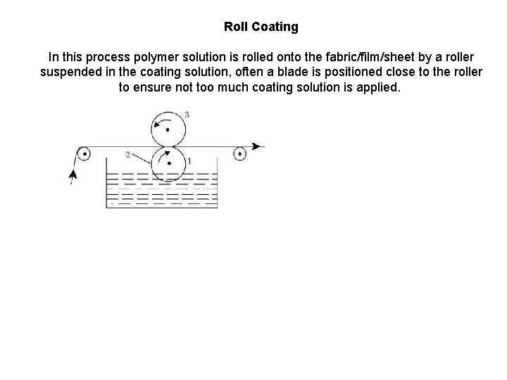 Roll Coating In this process polymer solution is rolled onto the fabric/film/sheet by a