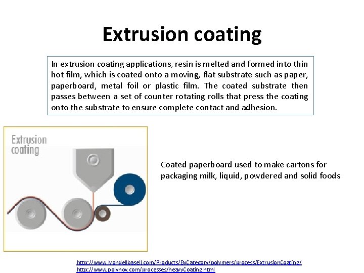 Extrusion coating In extrusion coating applications, resin is melted and formed into thin hot
