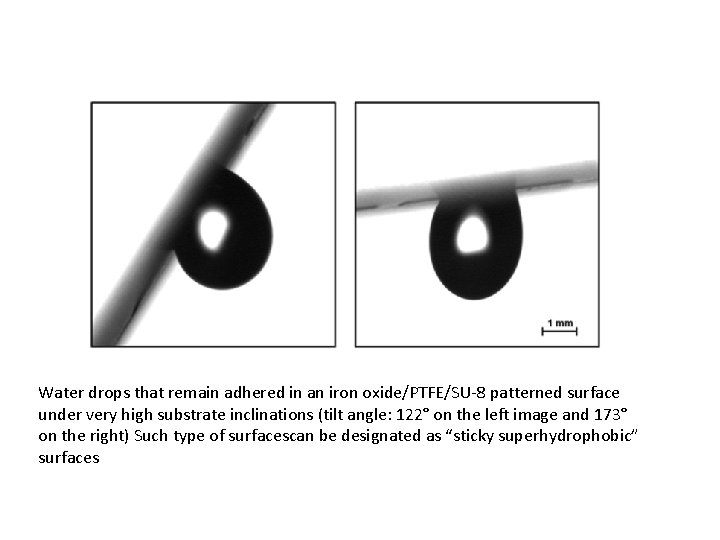 Water drops that remain adhered in an iron oxide/PTFE/SU‐ 8 patterned surface under very