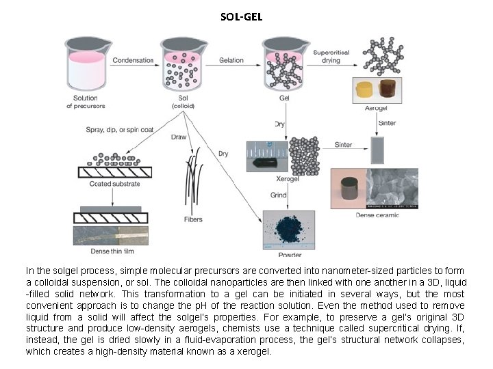 SOL-GEL In the solgel process, simple molecular precursors are converted into nanometer-sized particles to