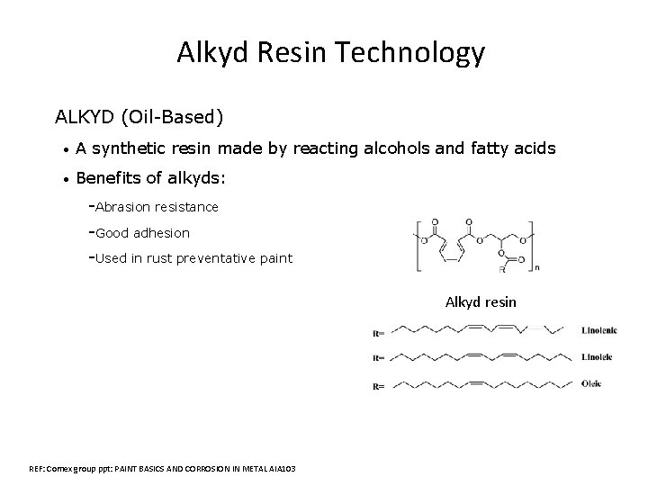 Alkyd Resin Technology ALKYD (Oil-Based) • A synthetic resin made by reacting alcohols and