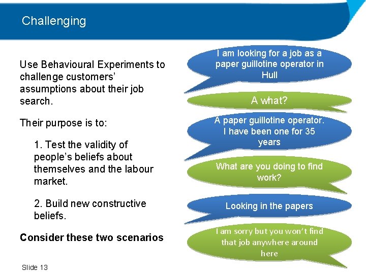 Challenging Use Behavioural Experiments to challenge customers’ assumptions about their job search. Their purpose