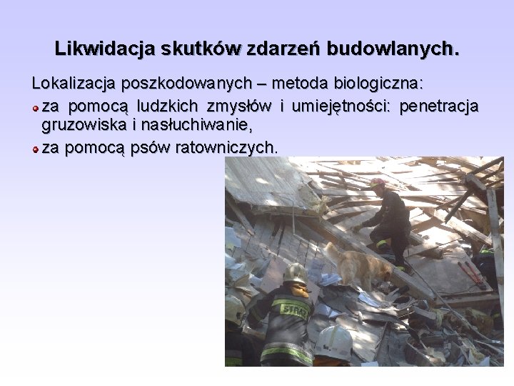 Likwidacja skutków zdarzeń budowlanych. Lokalizacja poszkodowanych – metoda biologiczna: za pomocą ludzkich zmysłów i