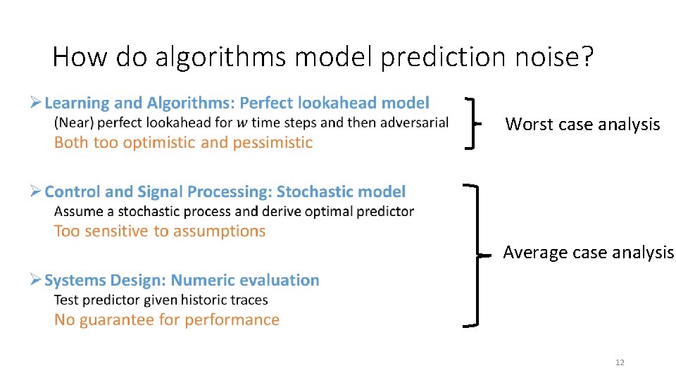 How do algorithms model prediction noise? • Worst case analysis Average case analysis 12