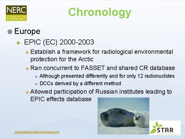 Chronology ¥ Europe ¥ EPIC (EC) 2000 -2003 Establish a framework for radiological environmental