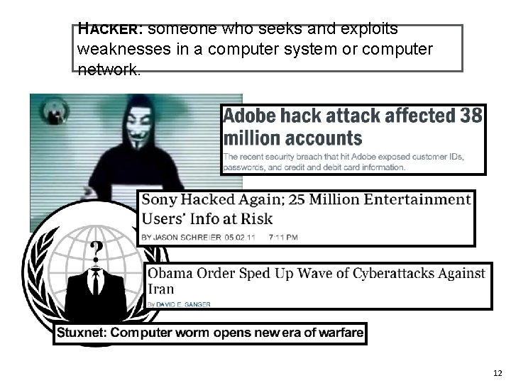 HACKER: someone who seeks and exploits weaknesses in a computer system or computer network. HACKER: someone who seeks and exploits weaknesses in a computer system or computer network.