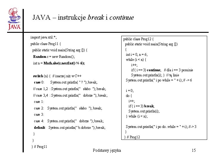 JAVA – instrukcje break i continue import java. util. *; public class Prog 11