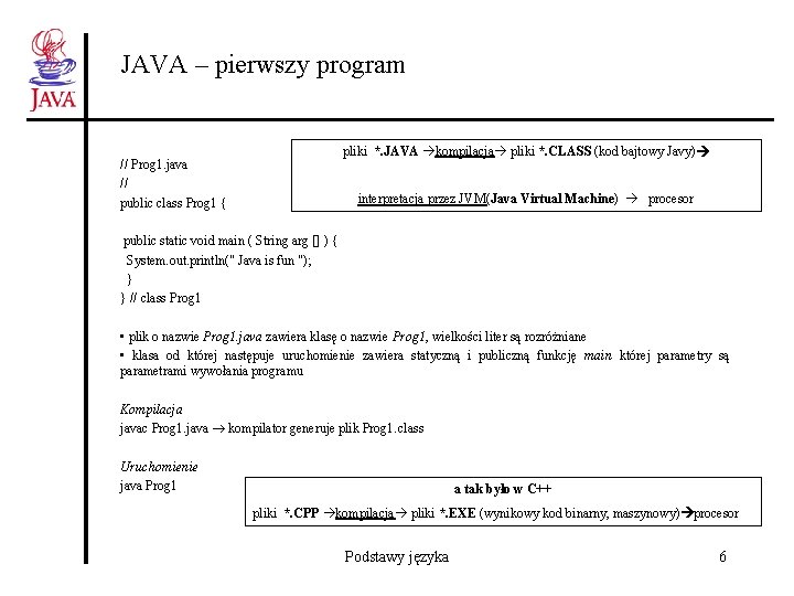 JAVA – pierwszy program pliki *. JAVA kompilacja pliki *. CLASS (kod bajtowy Javy)