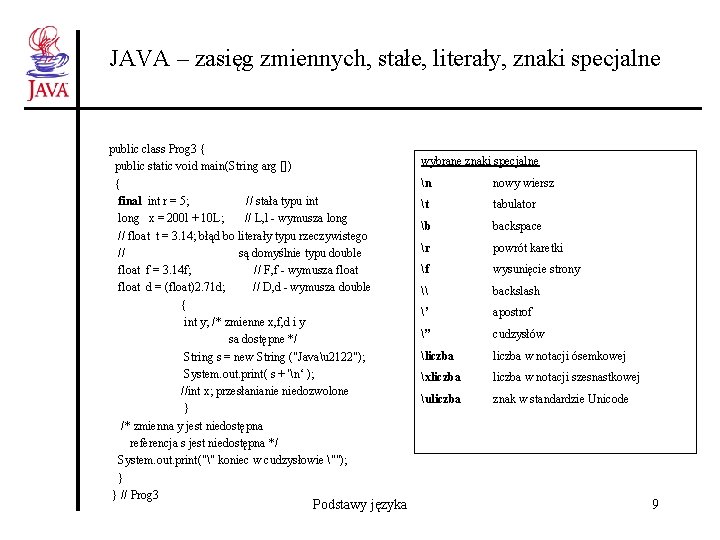 JAVA – zasięg zmiennych, stałe, literały, znaki specjalne public class Prog 3 { public