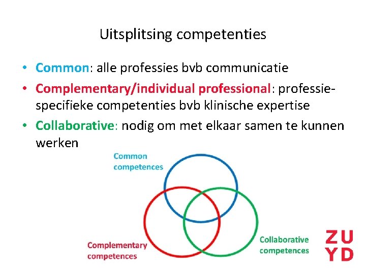 Uitsplitsing competenties • Common: alle professies bvb communicatie • Complementary/individual professional: professiespecifieke competenties bvb