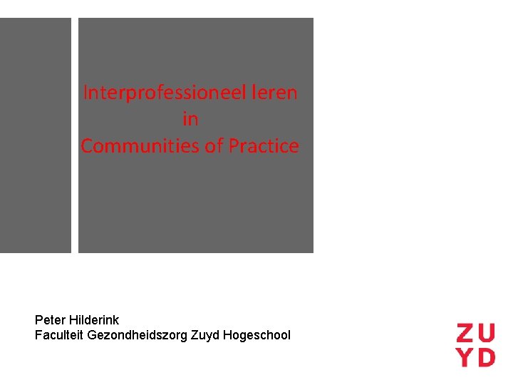 Interprofessioneel leren in Communities of Practice Peter Hilderink en Hester Smeets Faculteit Gezondheidszorg Zuyd