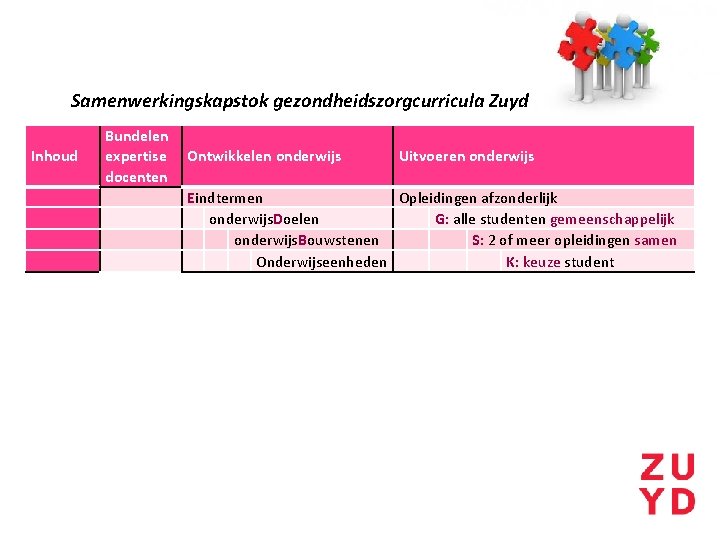 Samenwerkingskapstok gezondheidszorgcurricula Zuyd Inhoud Bundelen expertise Ontwikkelen onderwijs Uitvoeren onderwijs docenten Eindtermen Opleidingen afzonderlijk