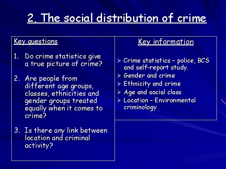 2. The social distribution of crime Key information Key questions 1. Do crime statistics 2. The social distribution of crime Key information Key questions 1. Do crime statistics