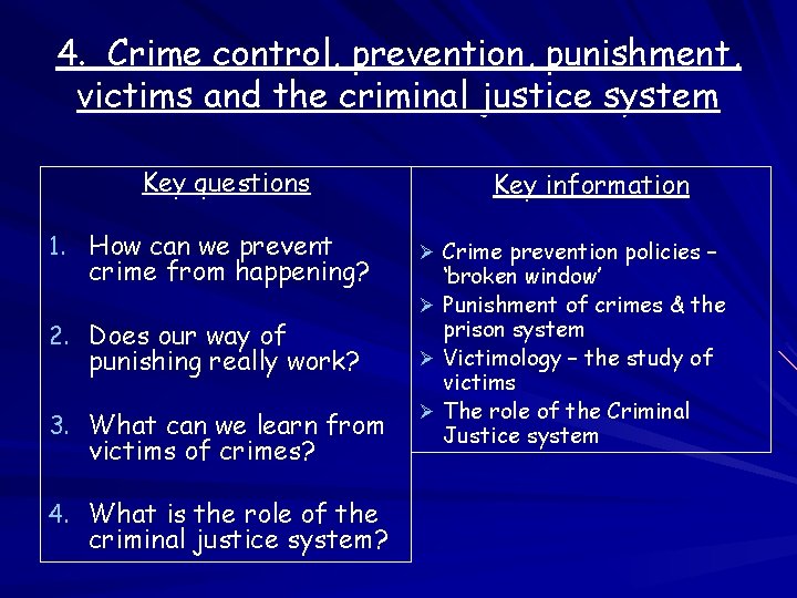 4. Crime control, prevention, punishment, victims and the criminal justice system Key questions 1. 4. Crime control, prevention, punishment, victims and the criminal justice system Key questions 1.