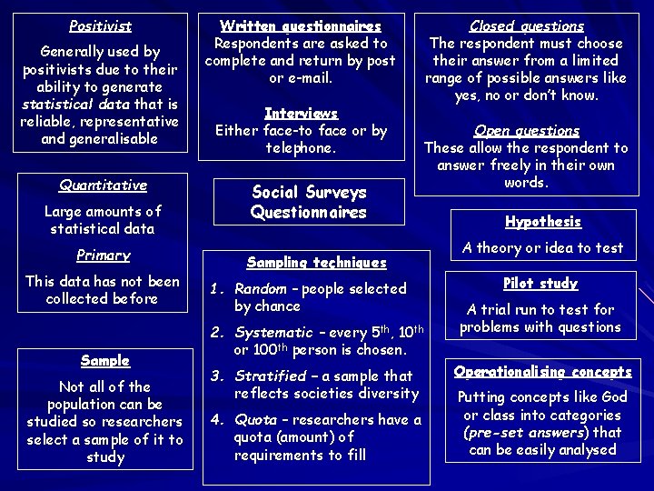 Positivist Generally used by positivists due to their ability to generate statistical data that Positivist Generally used by positivists due to their ability to generate statistical data that