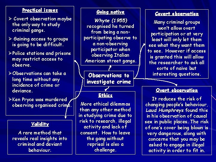 Practical issues Ø Covert observation maybe the only way to study criminal gangs. Ø Practical issues Ø Covert observation maybe the only way to study criminal gangs. Ø