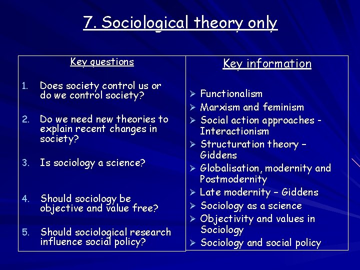 7. Sociological theory only Key questions 1. Does society control us or do we 7. Sociological theory only Key questions 1. Does society control us or do we