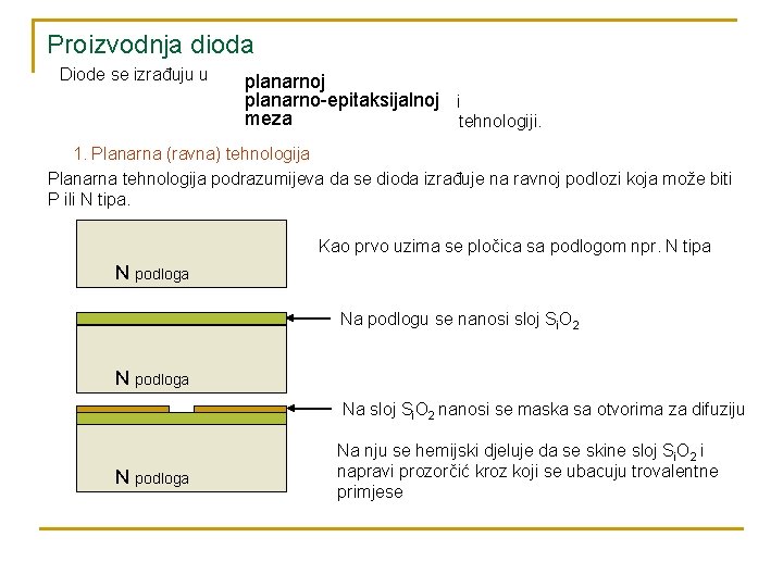 Proizvodnja dioda Diode se izrađuju u planarnoj planarno-epitaksijalnoj i meza tehnologiji. 1. Planarna (ravna)
