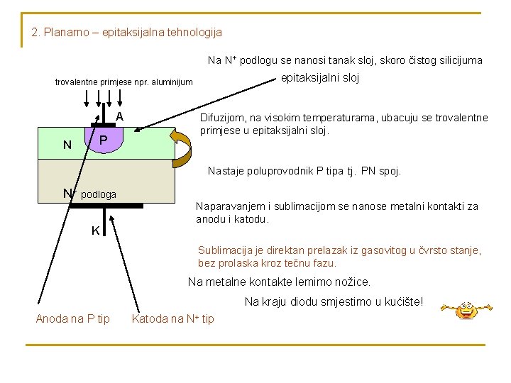 2. Planarno – epitaksijalna tehnologija Na N+ podlogu se nanosi tanak sloj, skoro čistog
