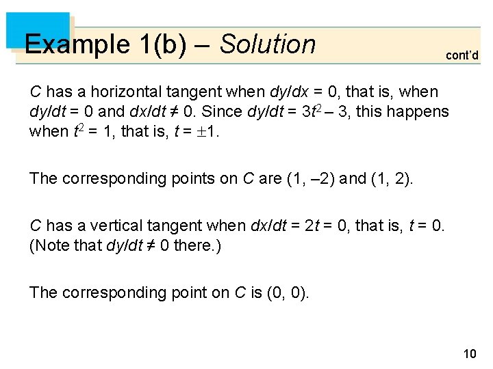 Example 1(b) – Solution cont’d C has a horizontal tangent when dy/dx = 0,