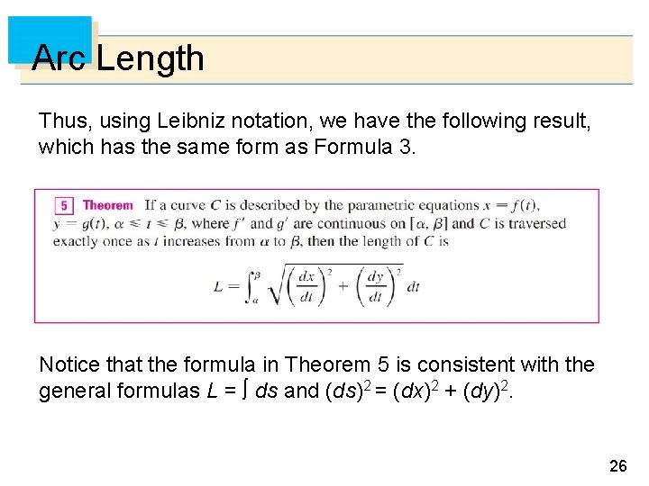 Arc Length Thus, using Leibniz notation, we have the following result, which has the