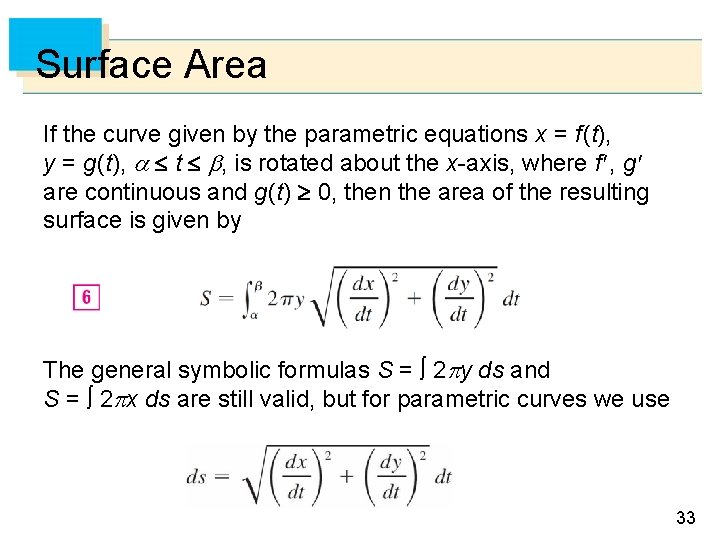 Surface Area If the curve given by the parametric equations x = f (t),