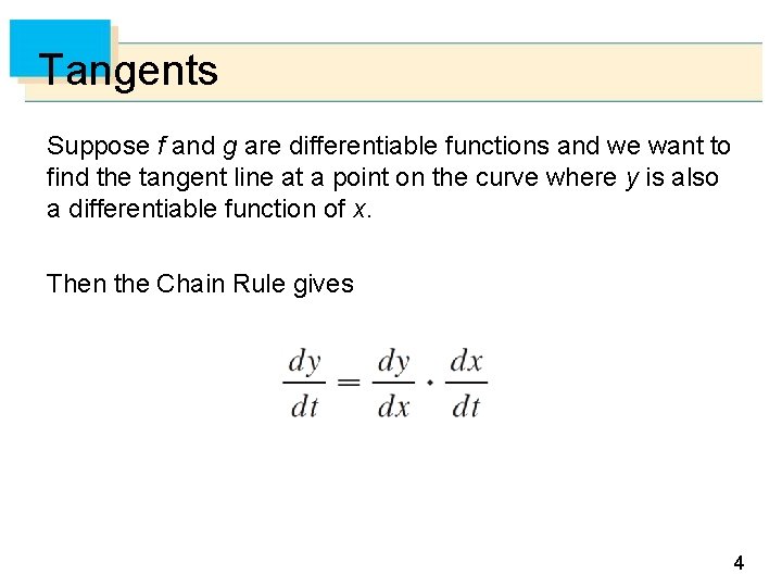 Tangents Suppose f and g are differentiable functions and we want to find the