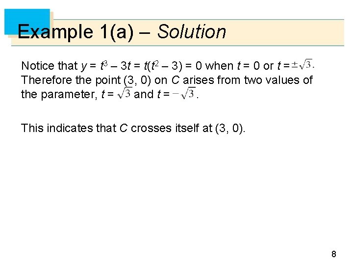 Example 1(a) – Solution Notice that y = t 3 – 3 t =