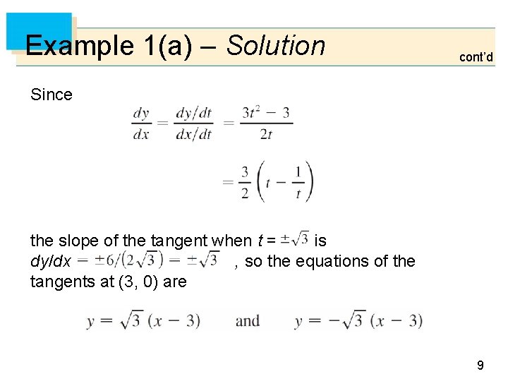 Example 1(a) – Solution cont’d Since the slope of the tangent when t =
