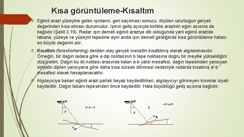 Kısa görüntüleme-Kısaltım Eğimli arazi yüzeyine gelen ışınların, geri saçılması sonucu, ölçülen uzunluğun gerçek değerinden