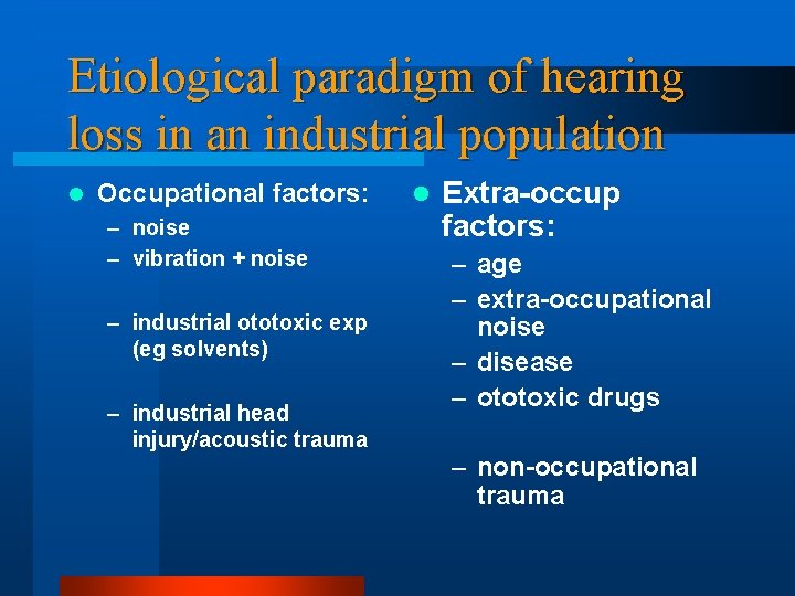 Etiological paradigm of hearing loss in an industrial population l Occupational factors: – noise