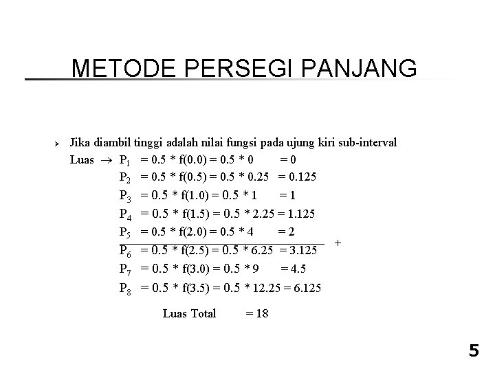 METODE PERSEGI PANJANG Ø Jika diambil tinggi adalah nilai fungsi pada ujung kiri sub-interval