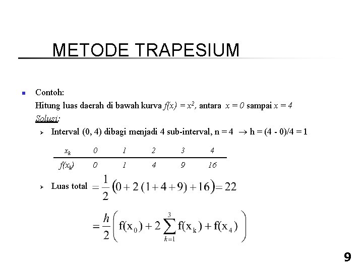 METODE TRAPESIUM n Contoh: Hitung luas daerah di bawah kurva f(x) = x 2,